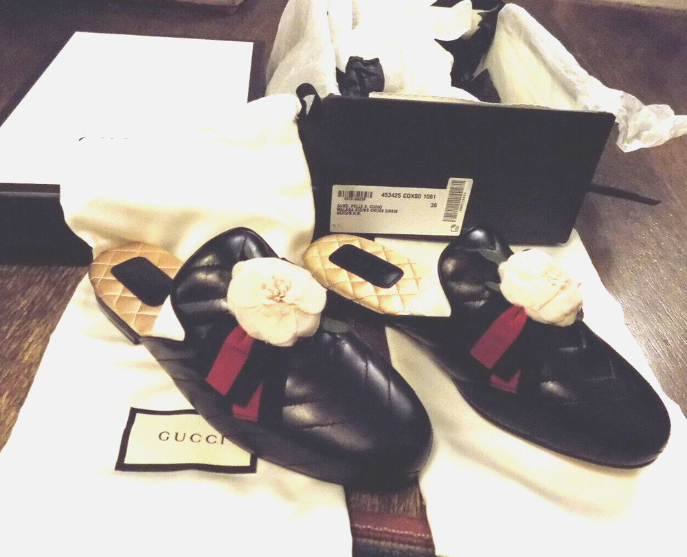 Gucci Malaga Kid RARE Red striped Ribbons 3D Flower Black Quilted slides Mules 6